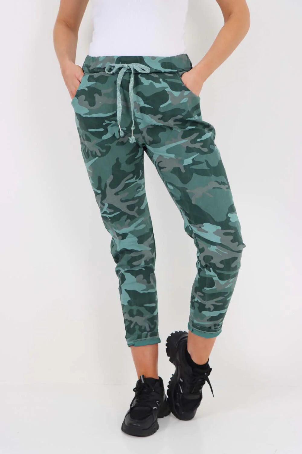 Italian Drawstring Camo Side Pockets Trousers - Green