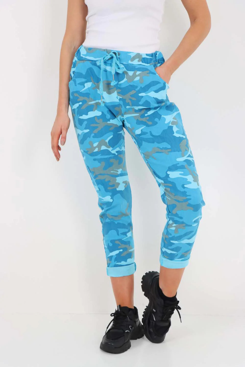 Italian Drawstring Camo Side Pockets Trousers - Turquoise