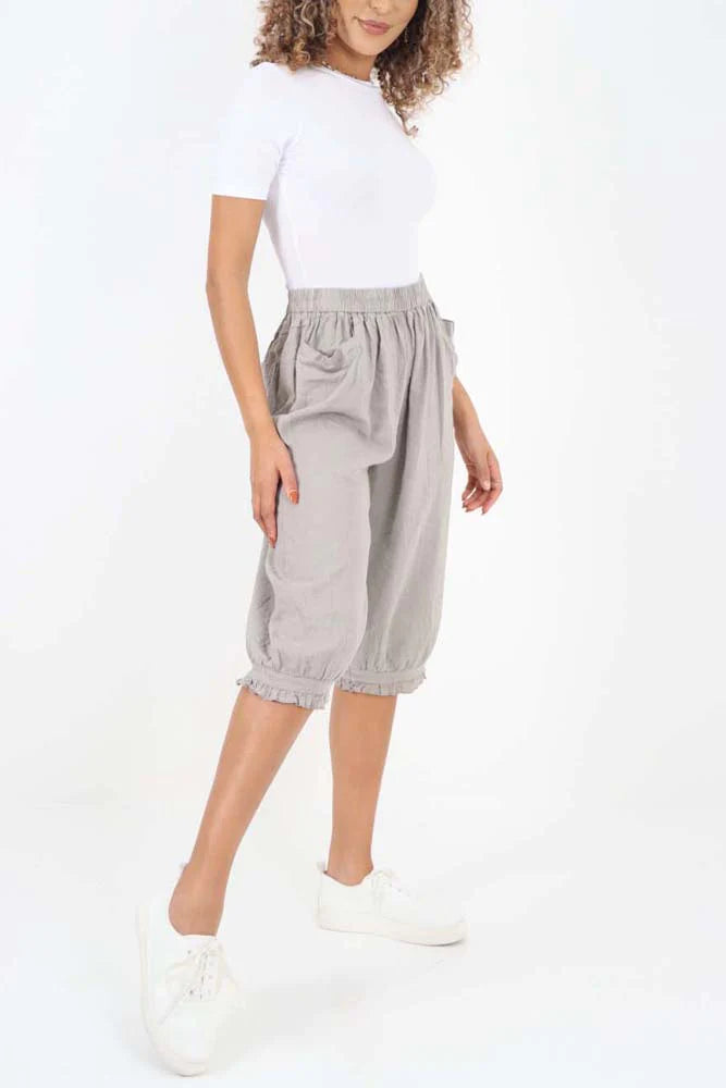 Italian Frill Hem 3/4 Linen Jogger - Stone