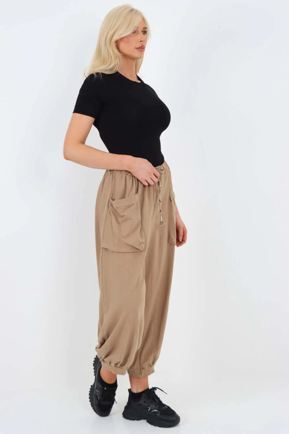 Italian Drawstring Cotton Harem Trousers With Side Pockets - Beige