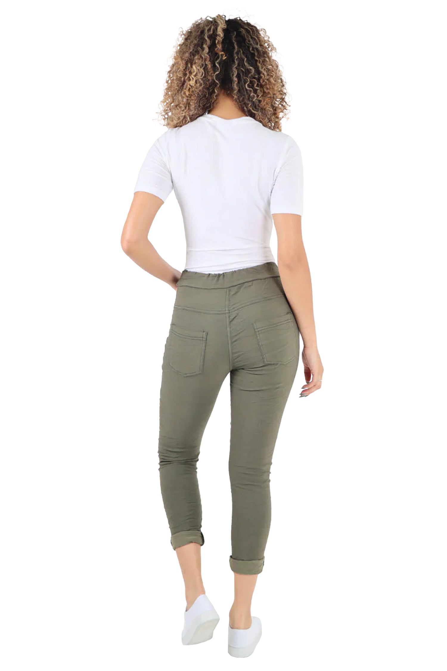Crushed Drawstring Back Pocket Magic Pants - Khaki