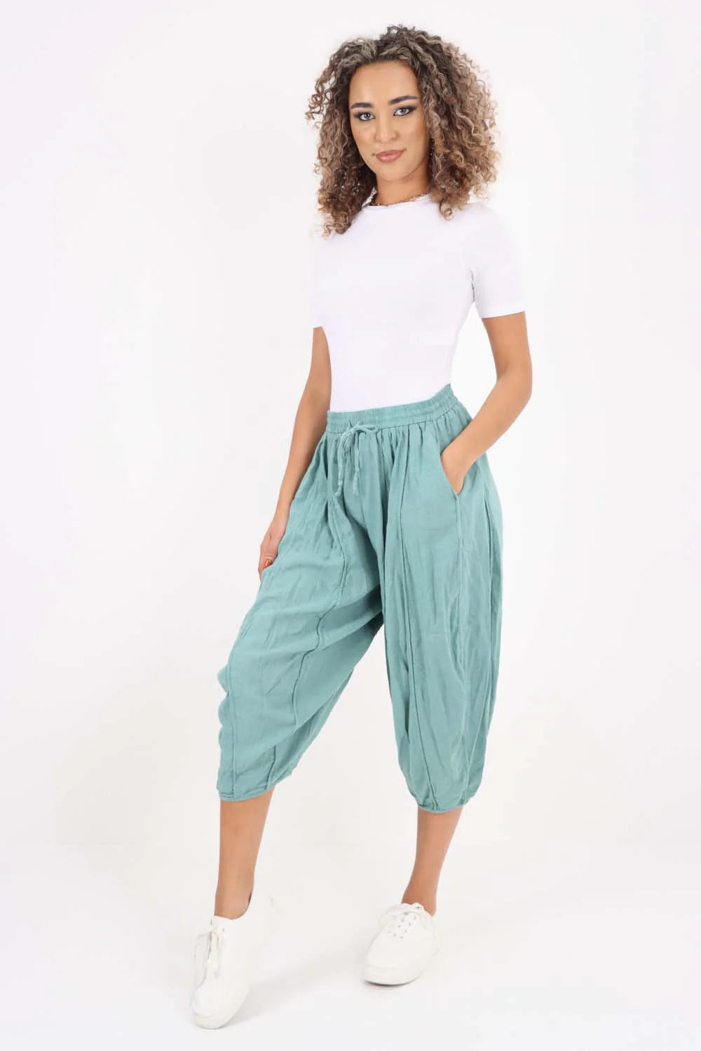 Italian Panelled 3/4 Length Linen Joggers - Sea Green