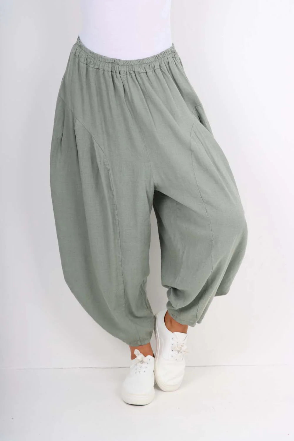 Italian Plain Linen Hareem Pants - Khaki