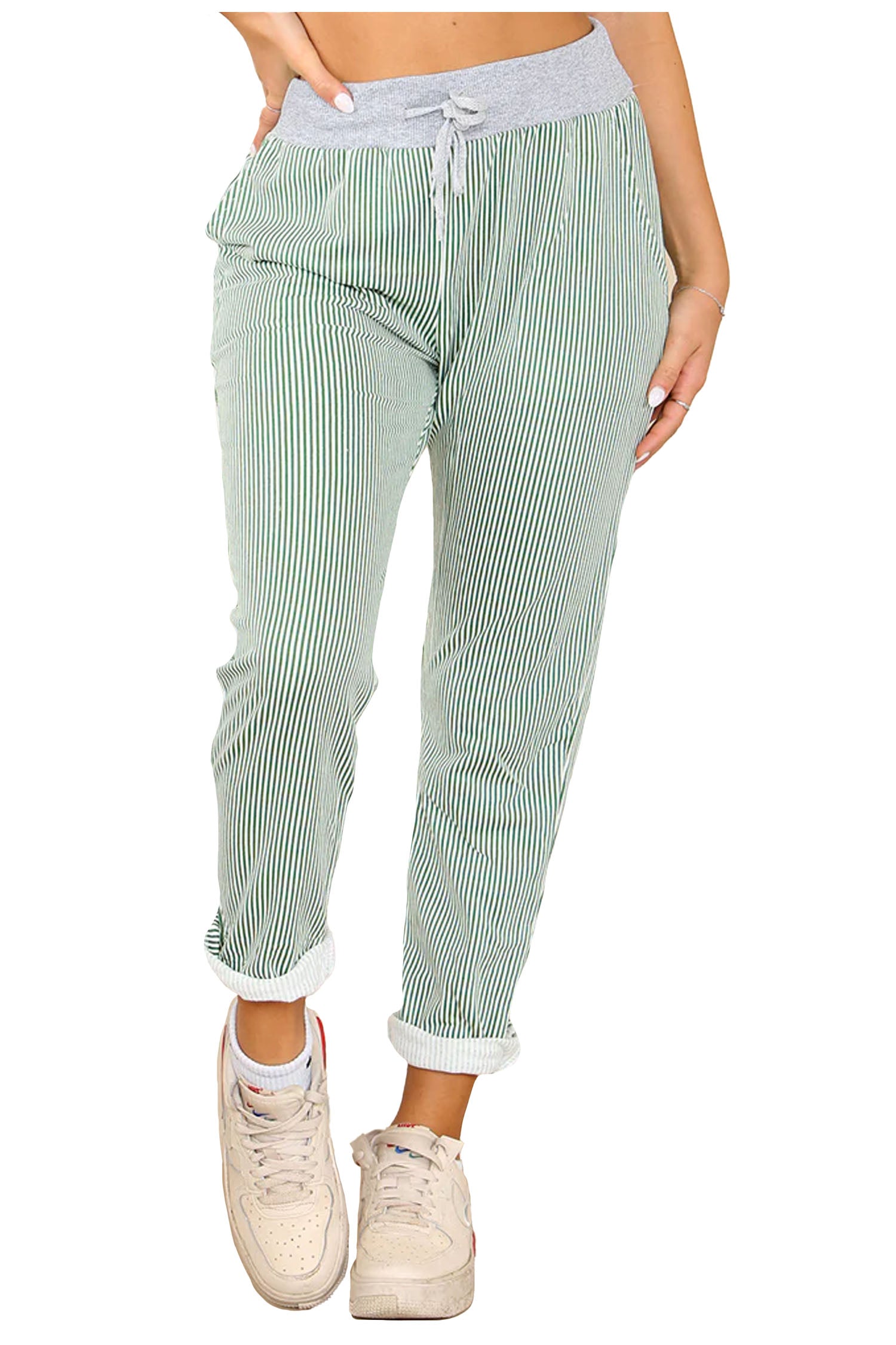 Italian Thin Stripes Print Drawstring Cotton Joggers - Green